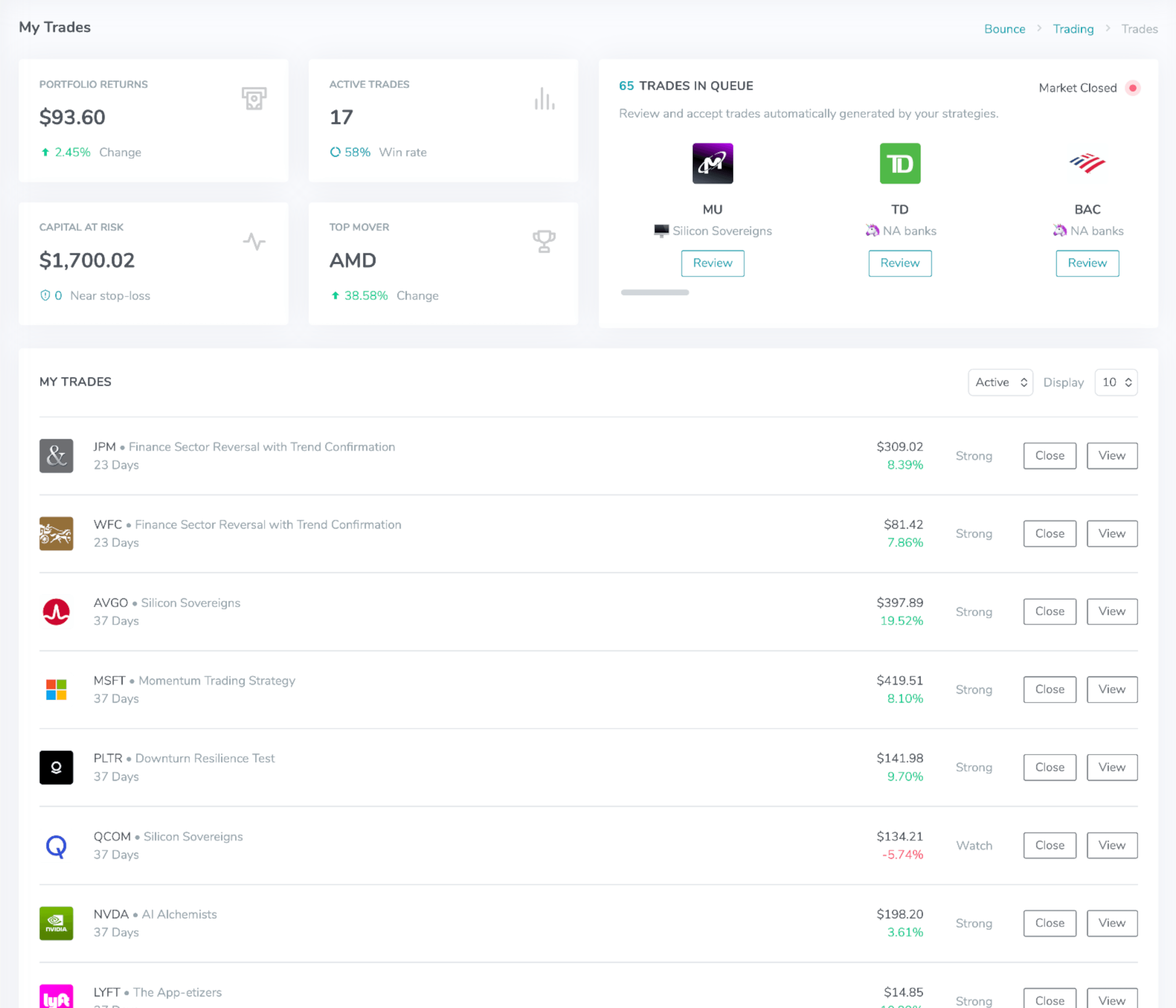 Bounce Trade alerts and trade tracking screen