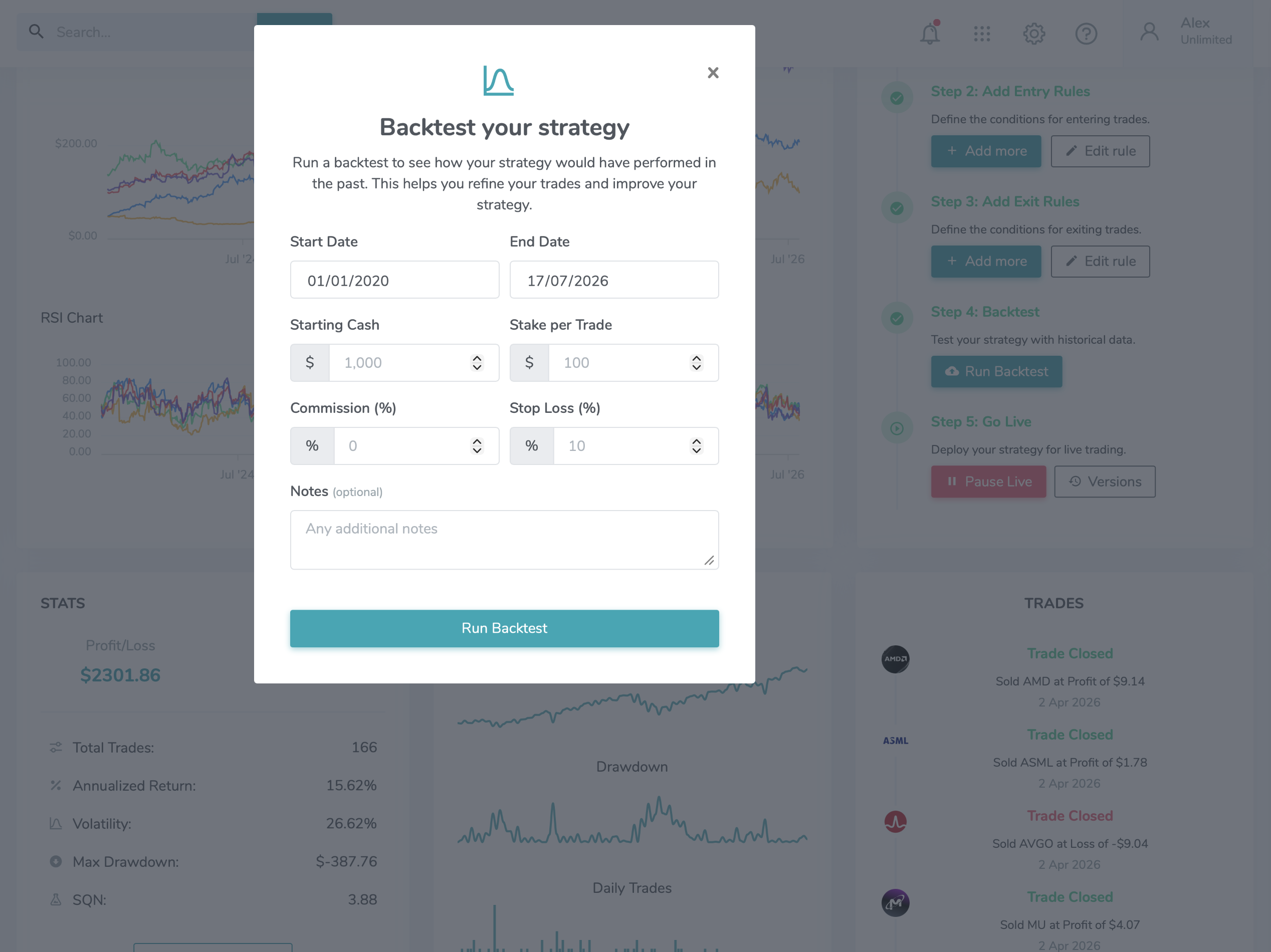 Bounce Trade backtest setup with starting cash, stake per trade, commission and stop-loss fields